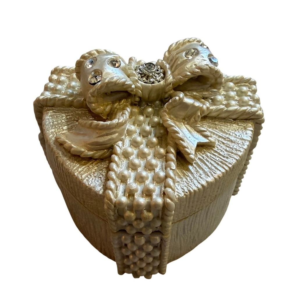 Heart Trinket Box Small Cream Pearl Rhinestone Bow Decor